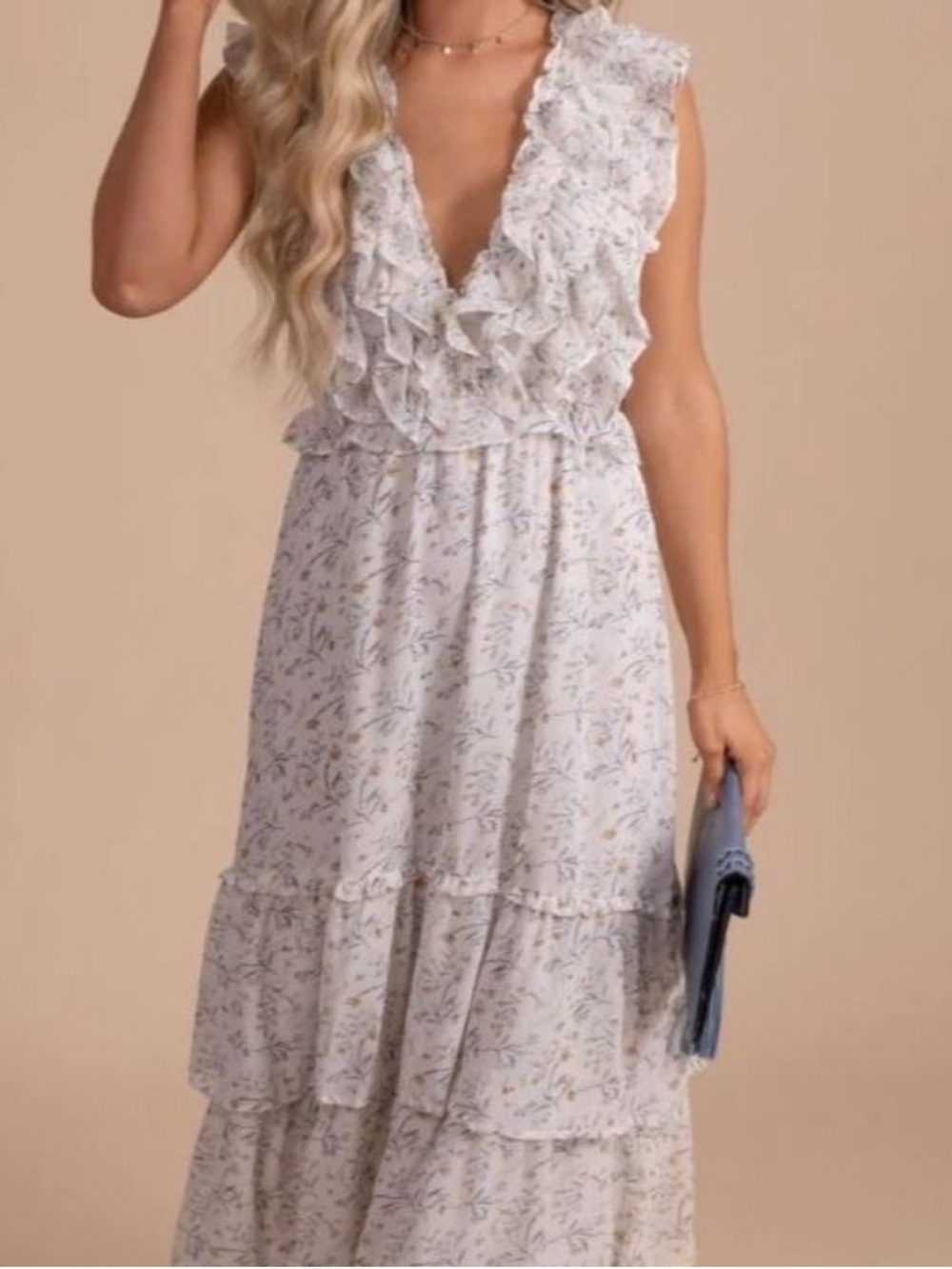 STORIA BEAUTIFUL RUFFLE V NECKLINE TIERED BOTTOM ROMANTIC MAXI DRESS SIZE S